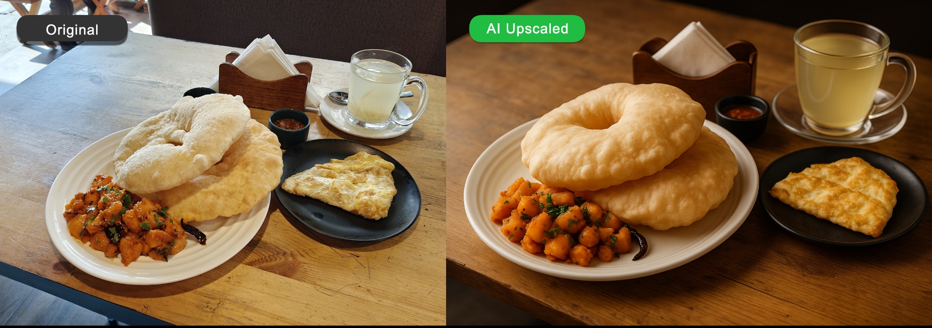 Comparison of standard vs AI-enhanced food photo