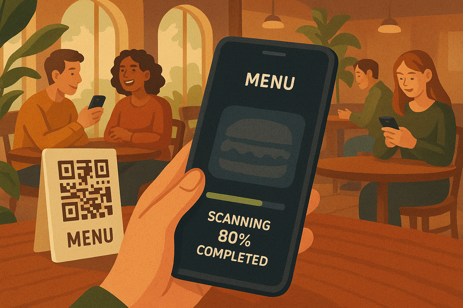 Android phone scanning paper menu using SaveMenu app in a cafe